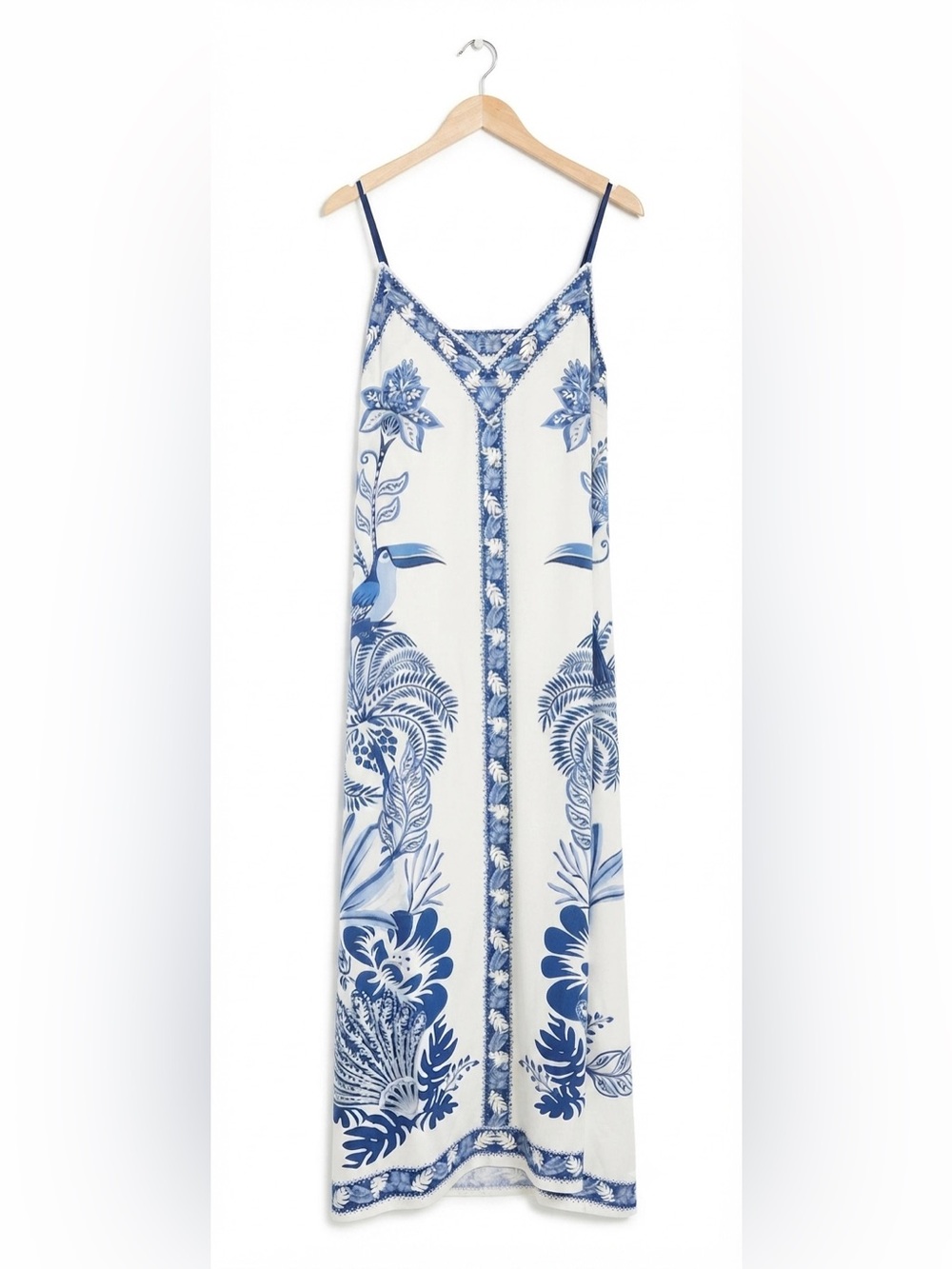 Bohemian Blue & White Tropical Toucan Print Maxi Dress Size XL